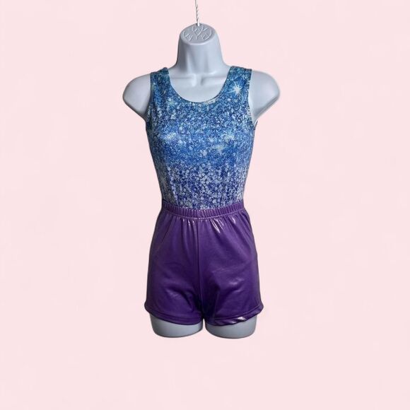 Mystique Boutique Other - NWOT Girls XL Blue Purple Glitter Print Leotard & Sparkle Shorts Dance Gym Set